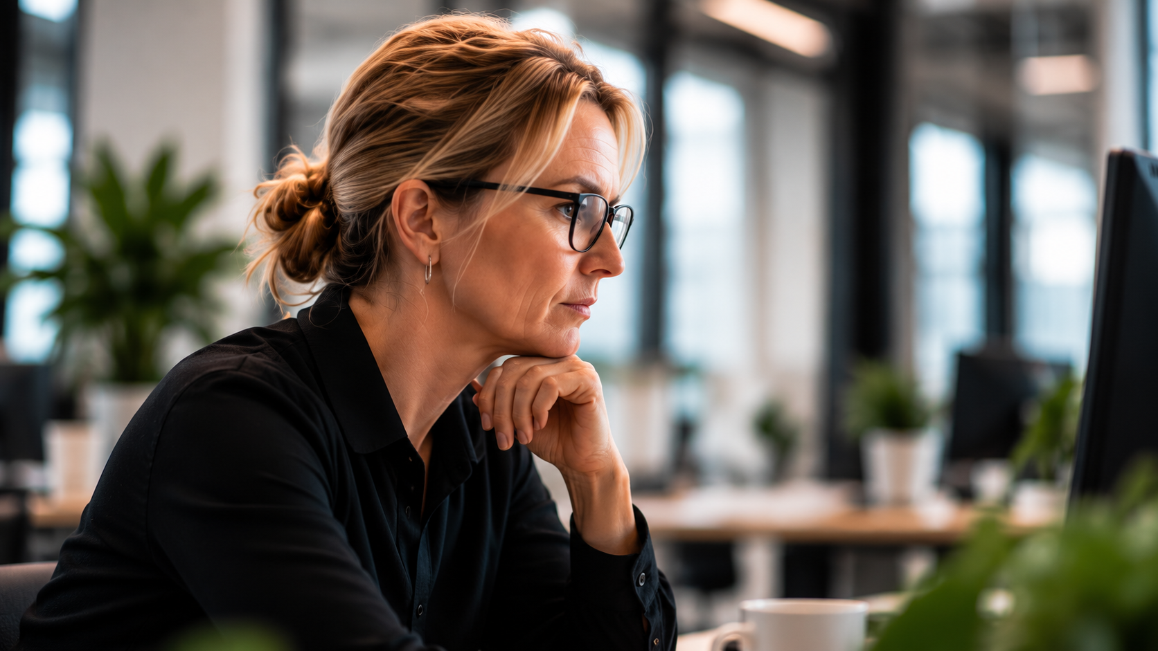 Eftertänksam medarbetare framför datorskärmen