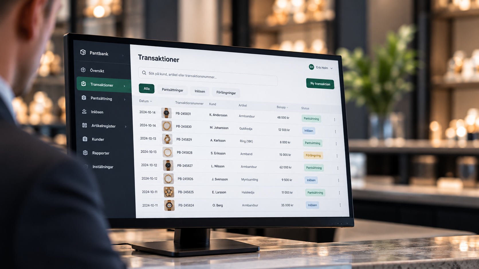Transaktioner i ett modernt pantbanksystem på en datorskärm