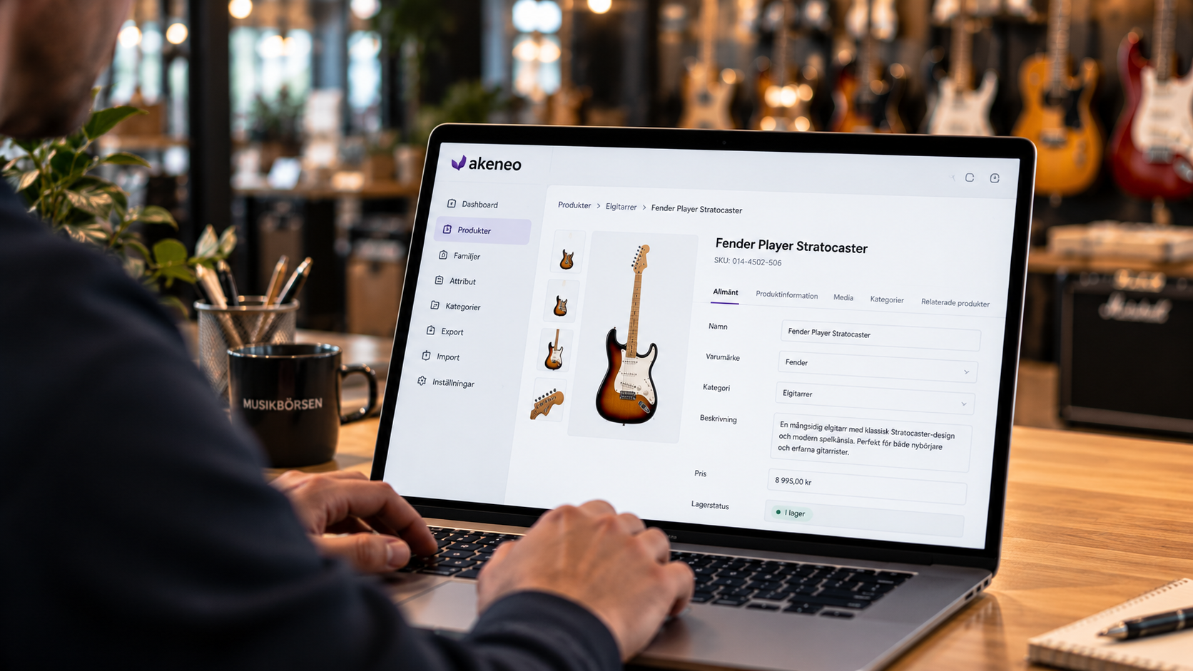 Produktinformation för en elgitarr redigeras i Akeneo PIM