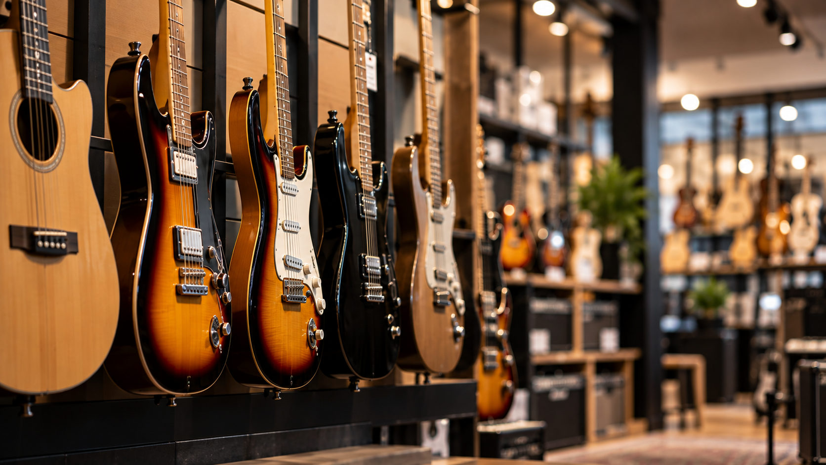 Elgitarrer på en vägg i en musikbutik