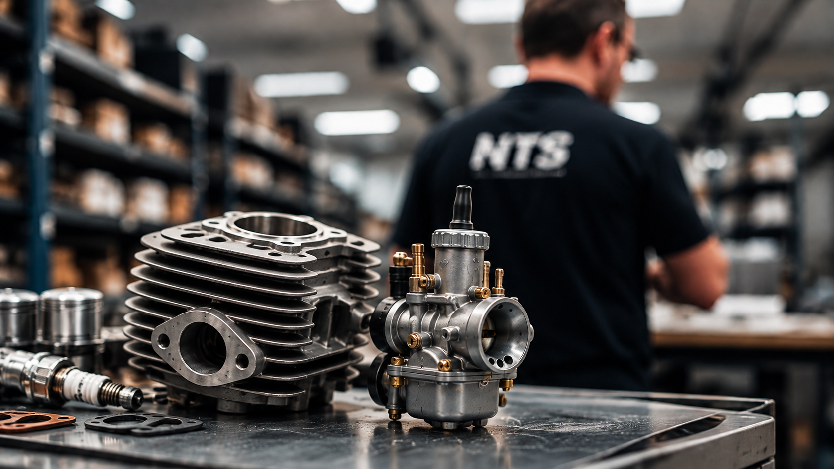 Mopedmotordelar på en verkstadsbänk hos NTS Parts