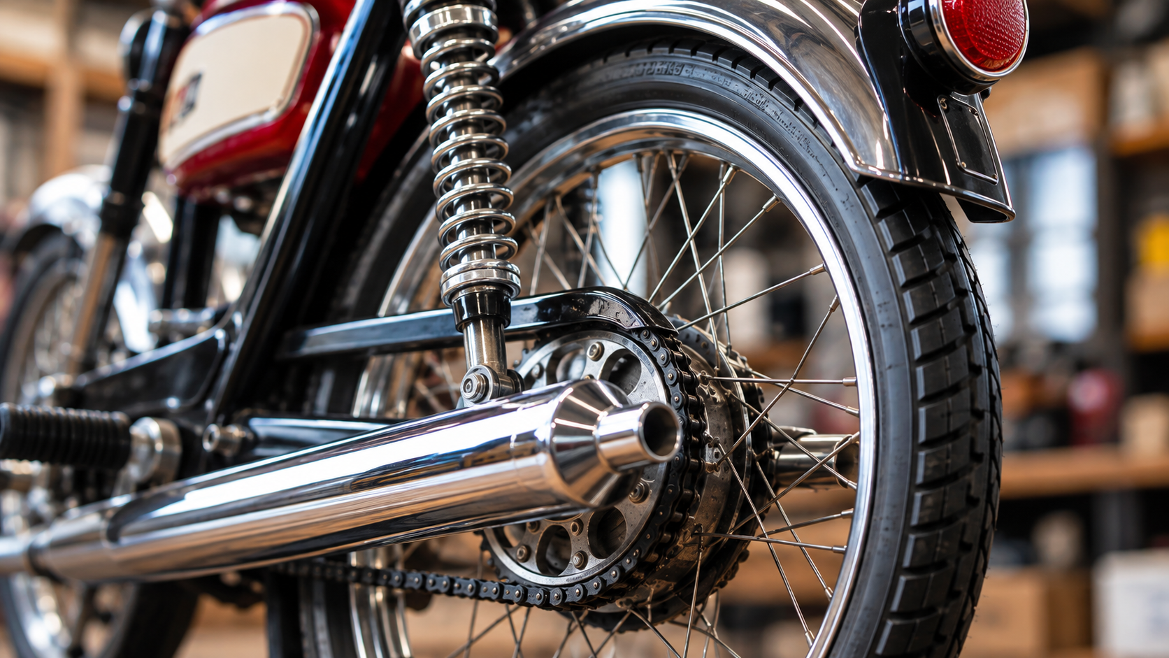 Krom, ekrar och kedja på en veteranmoped i verkstaden