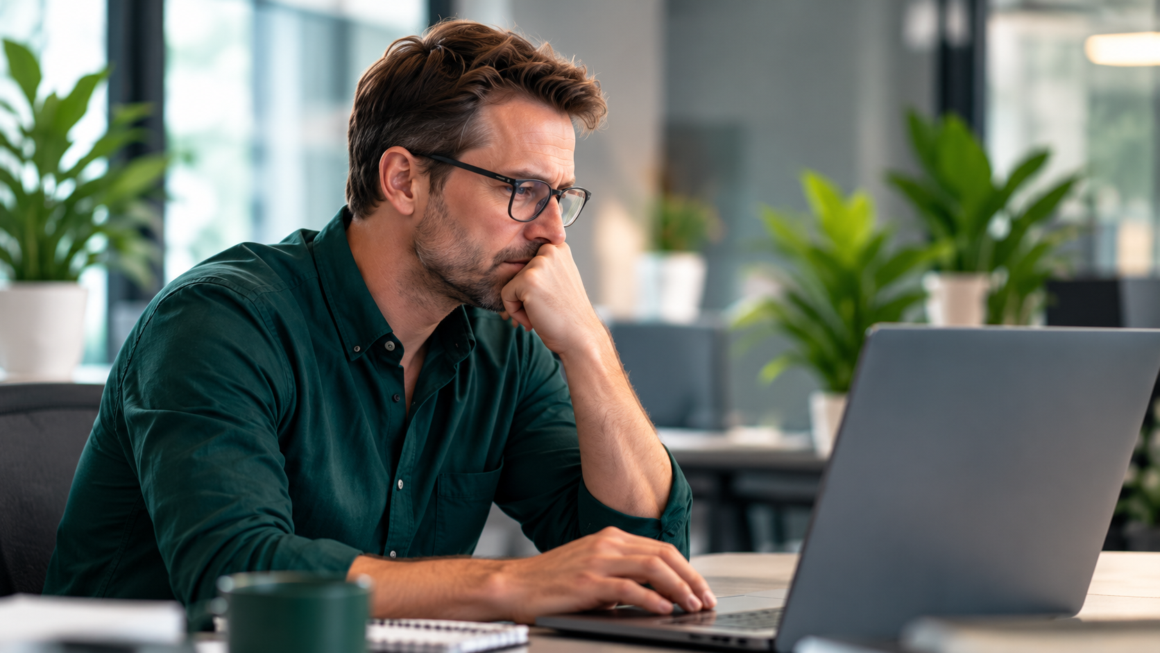 En medarbetare funderar över ett problem vid sin laptop