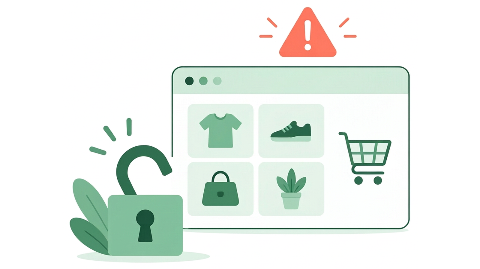 Illustration av en webbbutik med en varningstriangel och ett öppet lås