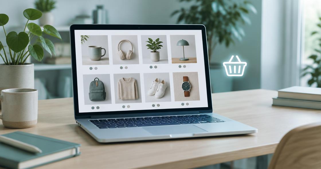 Webbshop på en bärbar dator med en symbol för varukorg