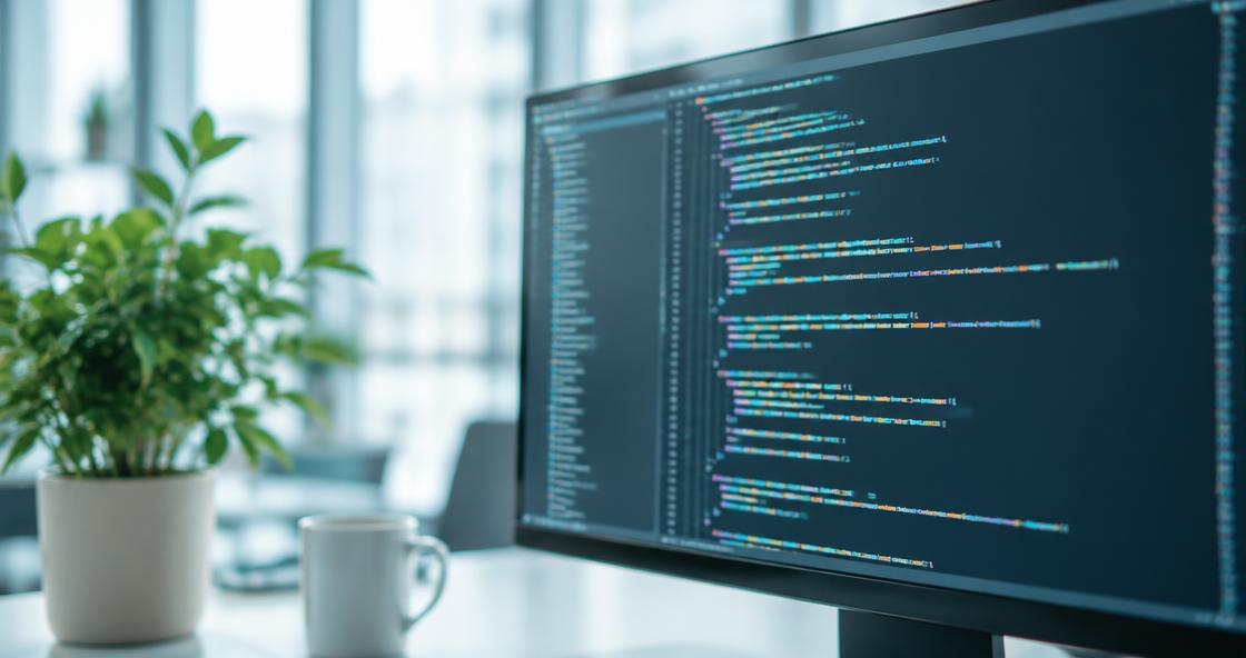 Programkod på en skärm i ett ljust kontor
