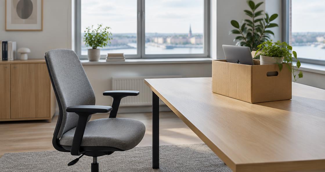 En tom kontorsplats med en flyttlåda på skrivbordet