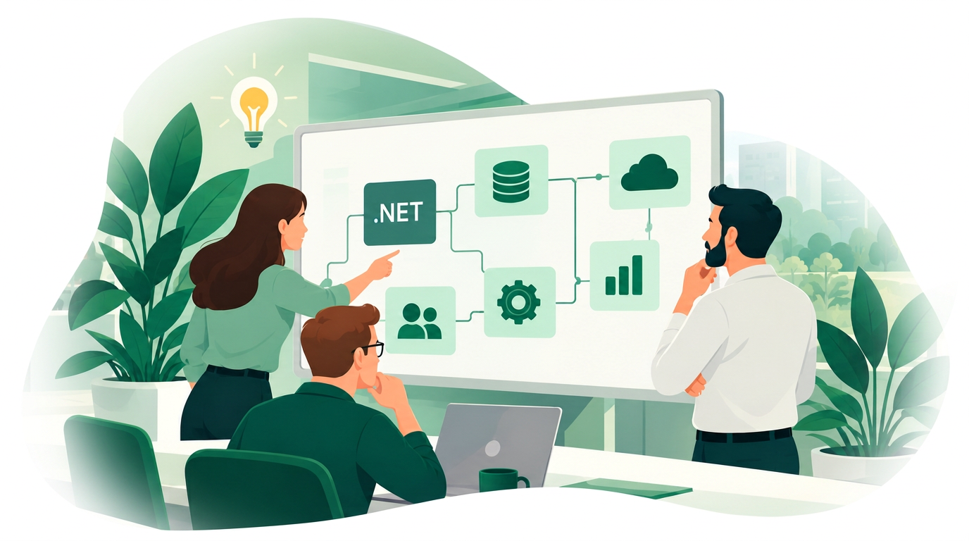Tre kollegor som granskar ett .NET-systems arkitektur, databas, moln och beroenden